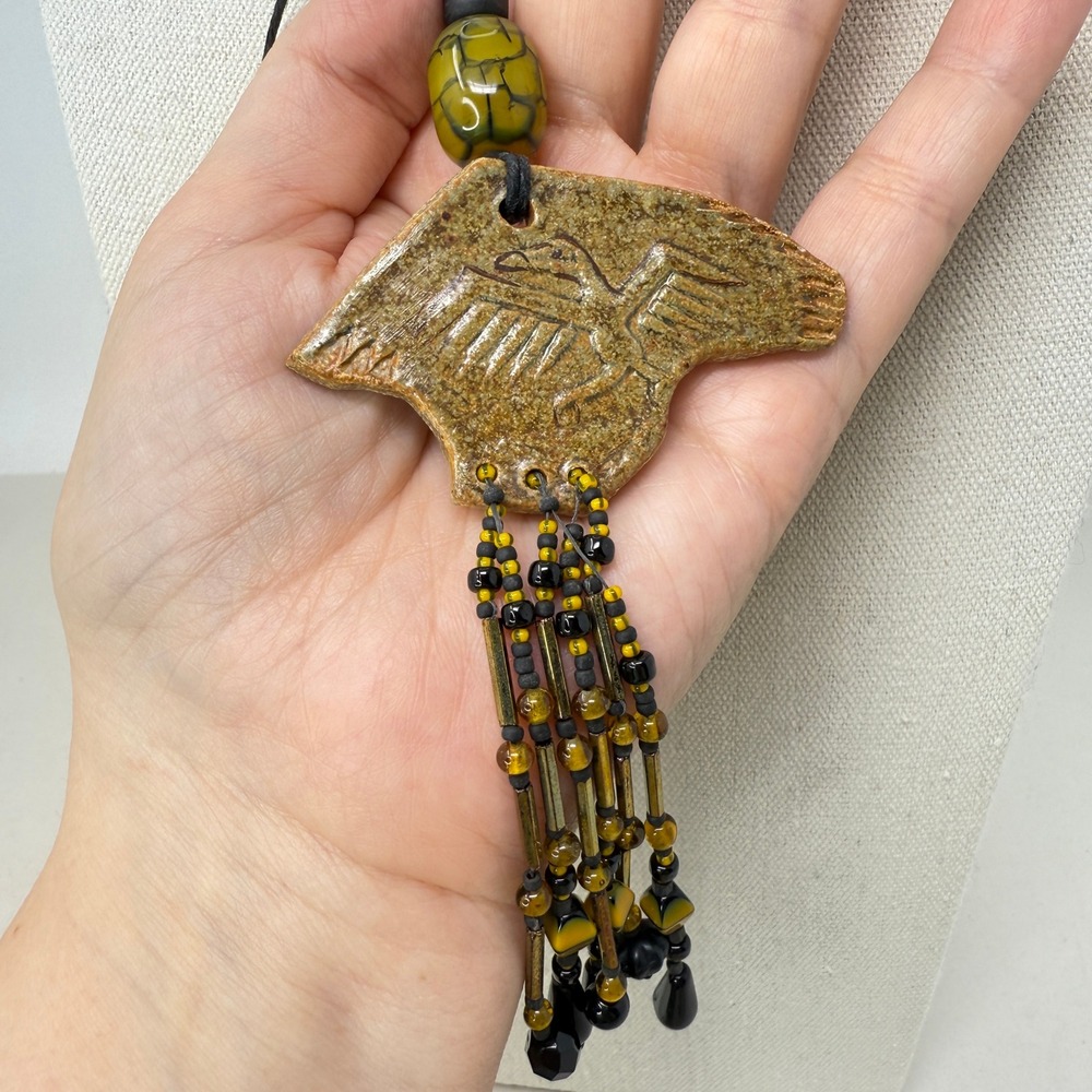 Handmade Ceramic‎ Eagle Pendant Necklace Signed Lightfoot Beaded Southwestern